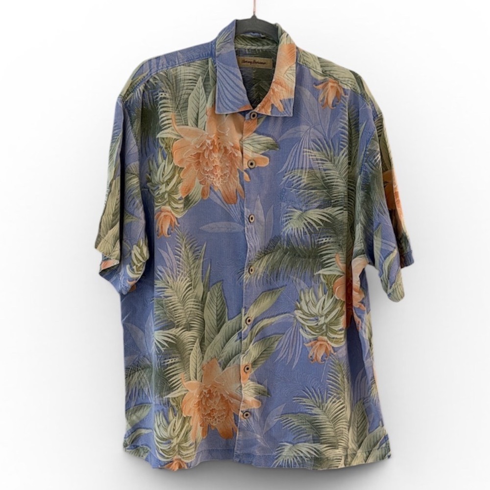 Tommy Bahama Men XL Silk Tropical Floral Palm Button‎ Shirt Blue Orange Hawaiian